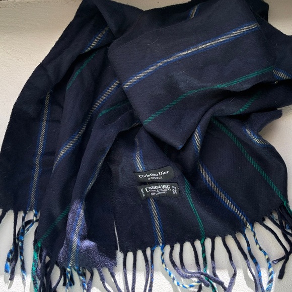 Dior Other - Christian Dior Vintage Dark Blue Plaid Scarf with Fringe
